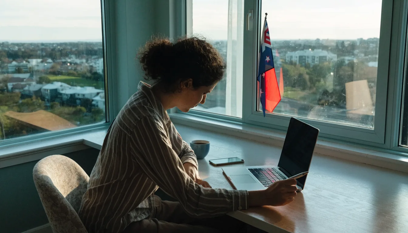 Person in a New Zealand apartment reviewing information on a closed laptop