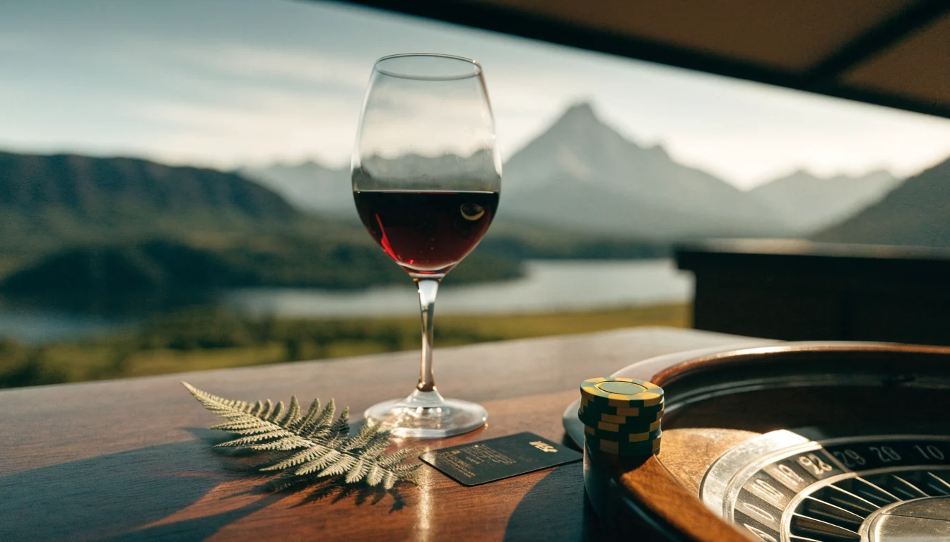 Visa card beside casino chips and roulette on a table with New Zealand mountains