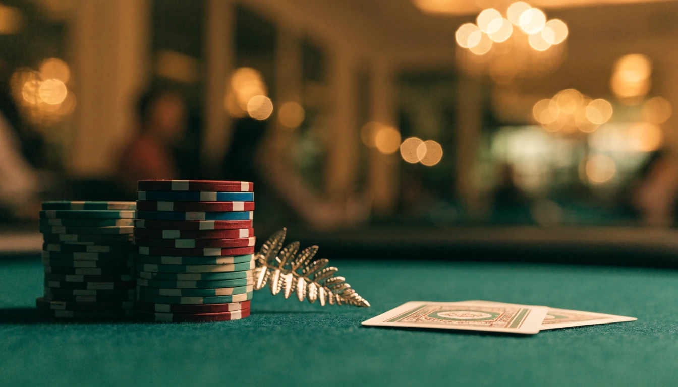 Casino table with poker chips, cards and silver fern