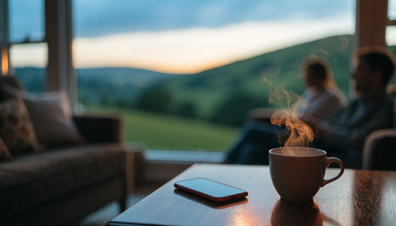 Smartphone face-down on table with tea, New Zealand hills through window