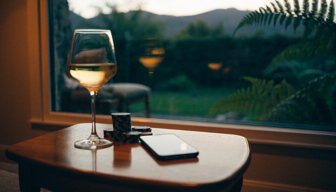 Cozy New Zealand living room with poker chips, smartphone face-down, and wine glass