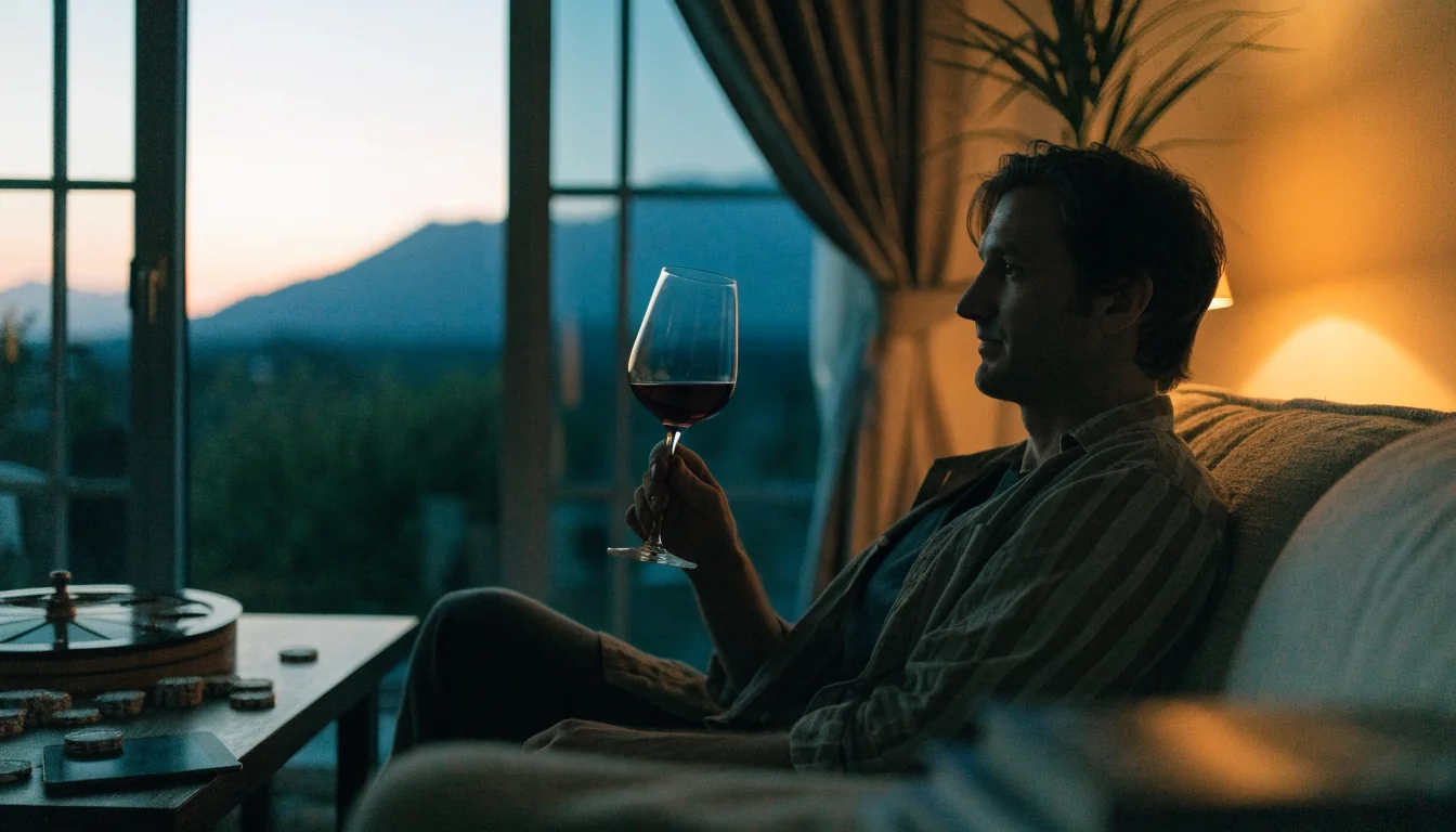 New Zealand man relaxing at home with tablet turned face-down, chips and roulette decor nearby.