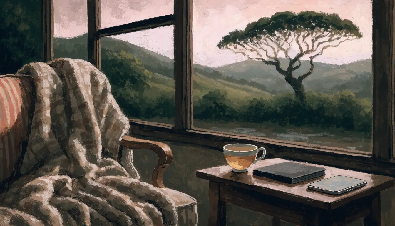 Cozy New Zealand living room at sunset with a notebook and hidden phone suggesting careful casino research.