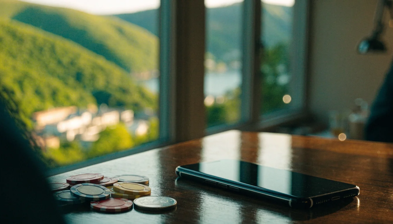 Smartphone face-down beside casino chips on a table, New Zealand landscape in background