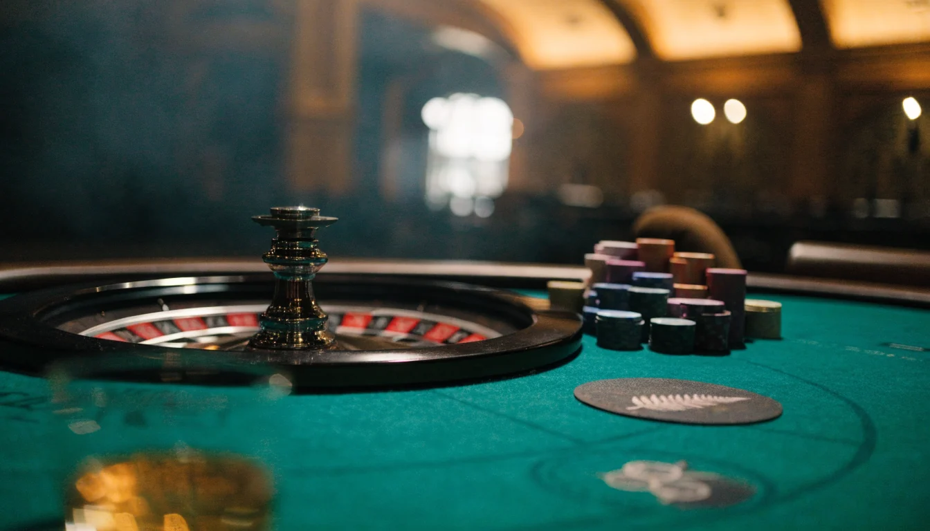 Roulette wheel with casino chips on green felt table