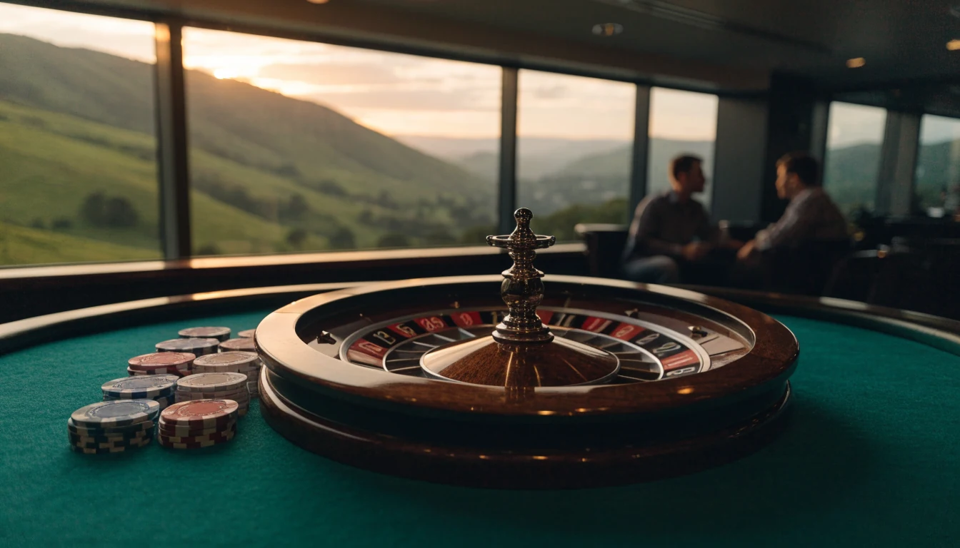 European roulette wheel on casino table with New Zealand hills through window
