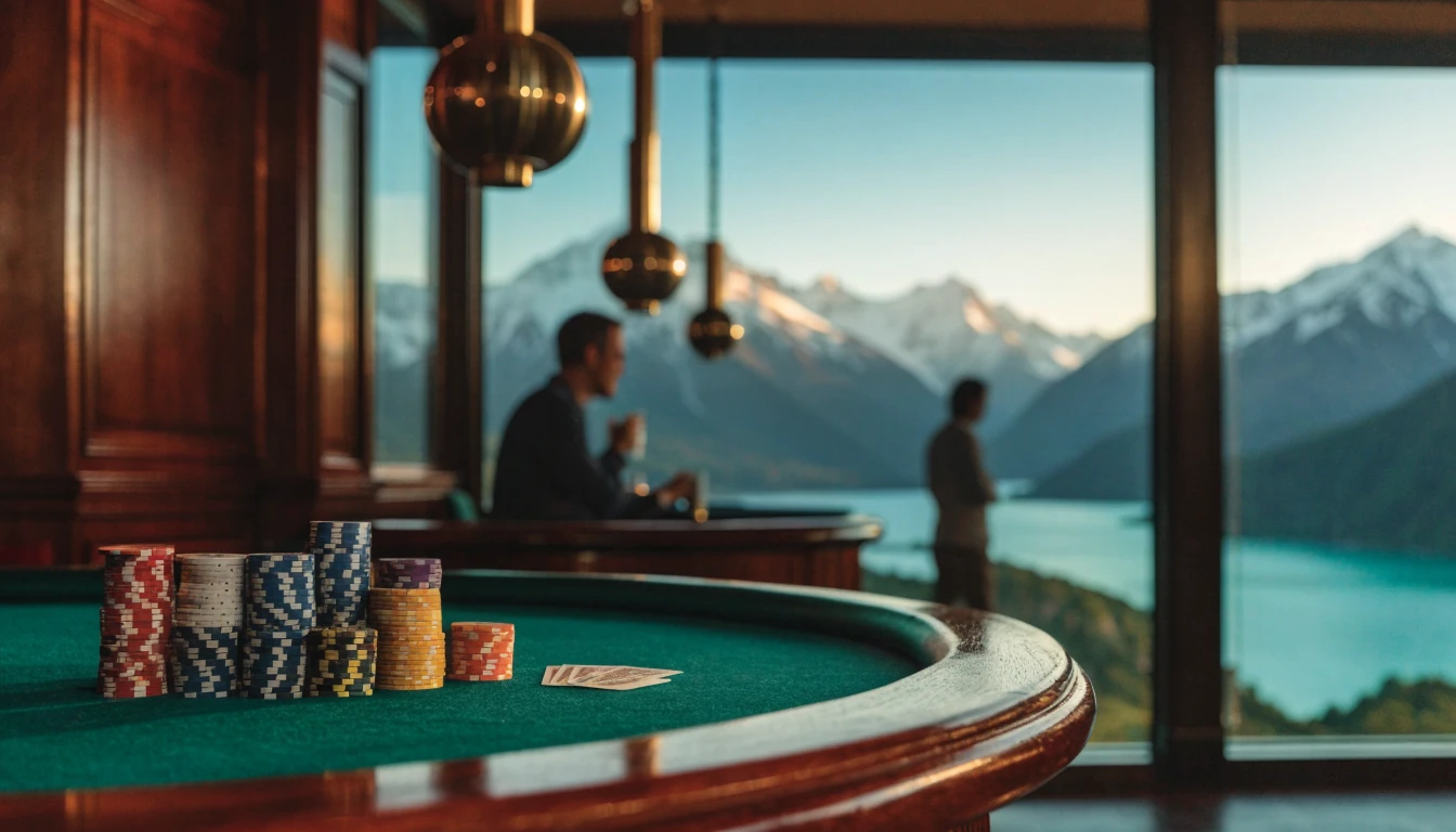 Casino chips and cards on a table with New Zealand lake and mountains view