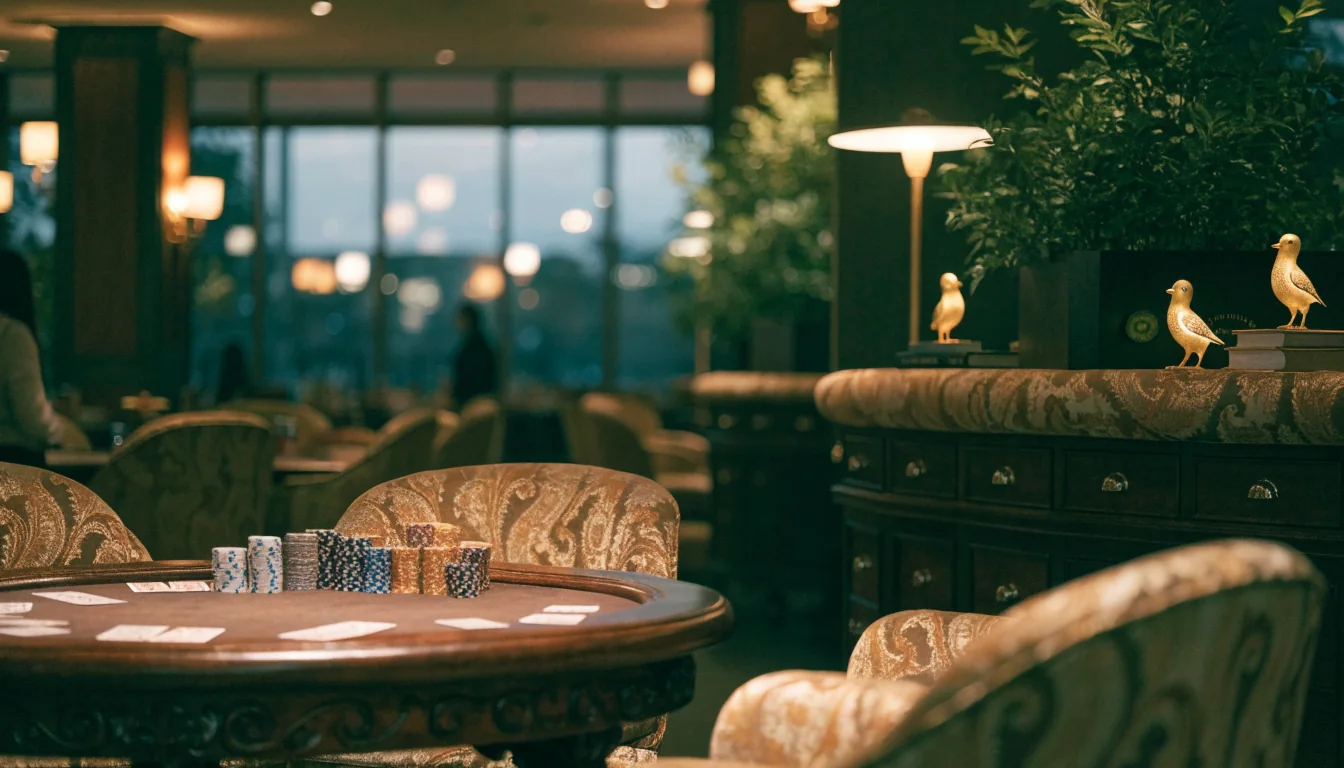 Elegant New Zealand casino lounge interior with warm lighting and gaming table accessories
