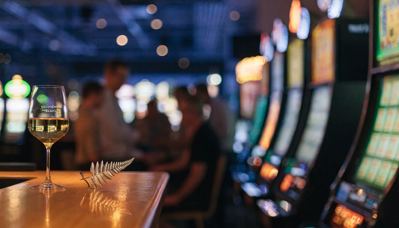 Glowing slot machines in a New Zealand casino at night