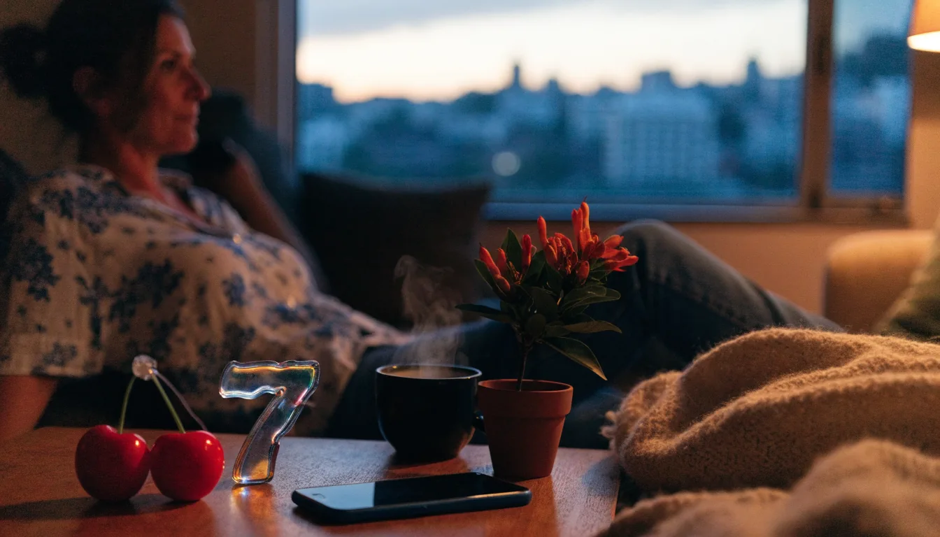 Cozy New Zealand lounge with pokie-themed decor and a face-down phone on a coffee table