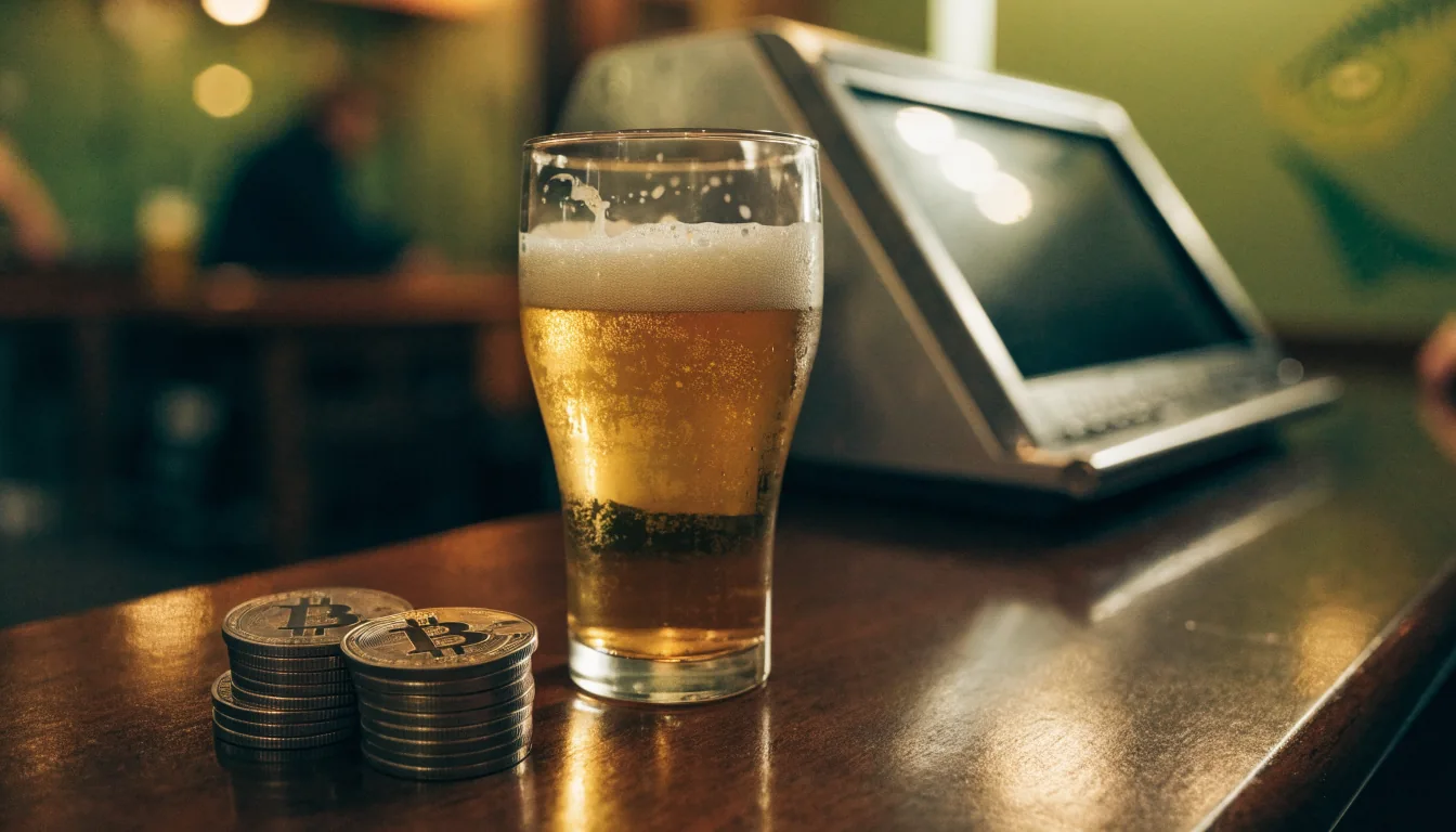Bitcoin coins on a New Zealand pub counter with a pokie machine in background
