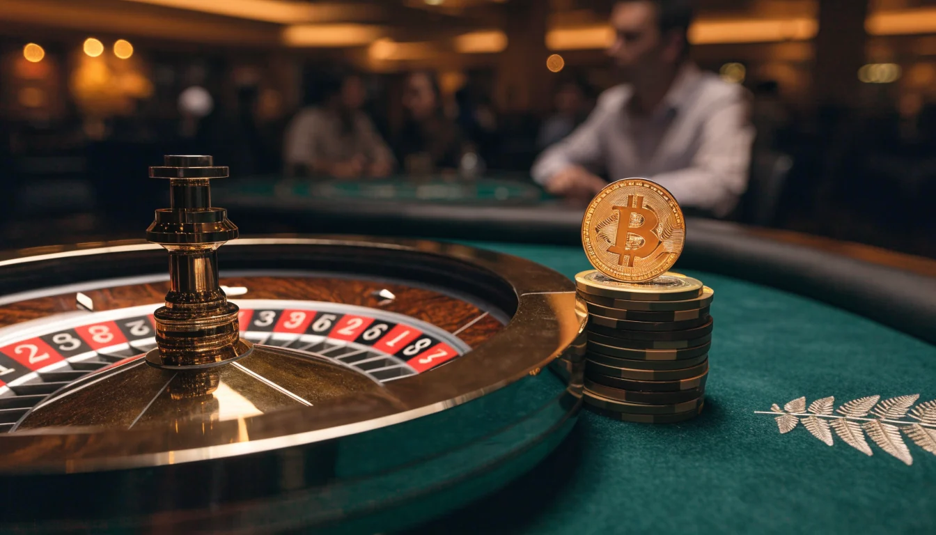 Roulette wheel with Bitcoin coin and chips on a casino table