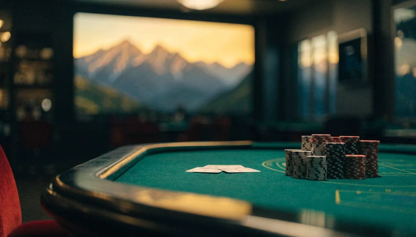 Blackjack table with chips and cards in a New Zealand-themed casino lounge