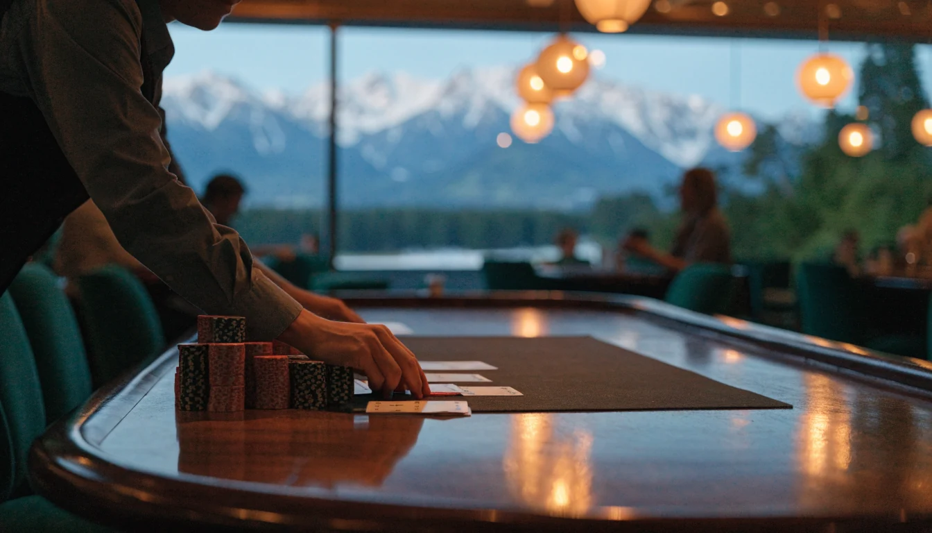 Blackjack table in a New Zealand casino with mountain view at twilight
