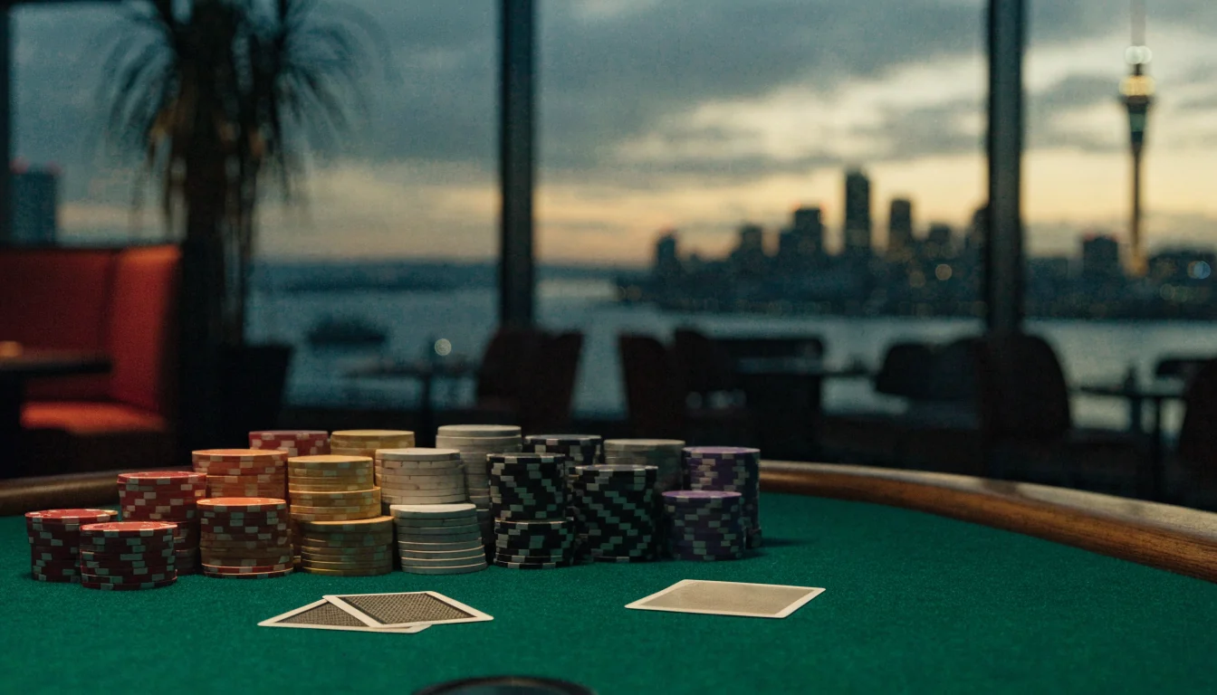 Blackjack table with chips and cards overlooking Auckland skyline