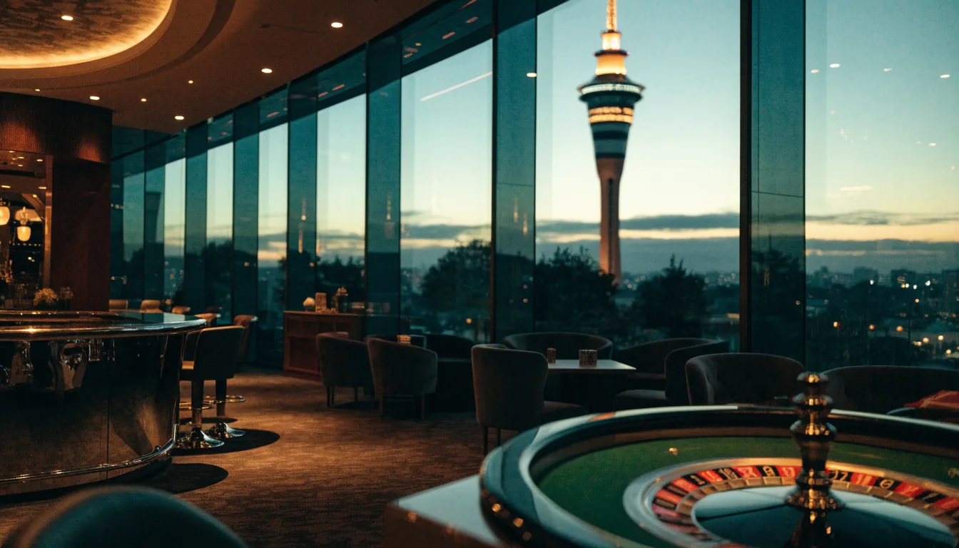 Modern Auckland casino lounge with roulette table, chips, and Sky Tower view at dusk