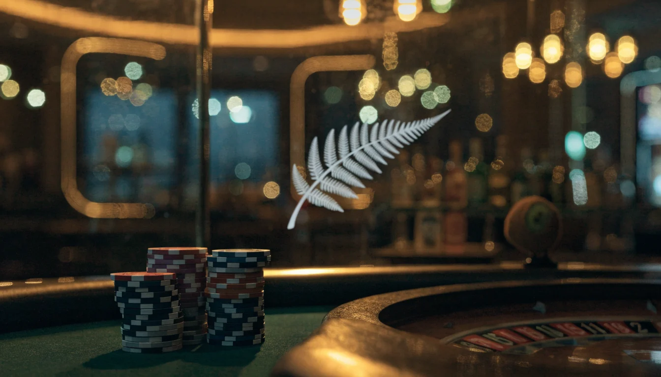 Casino chips and roulette wheel in an elegant New Zealand-themed gaming lounge