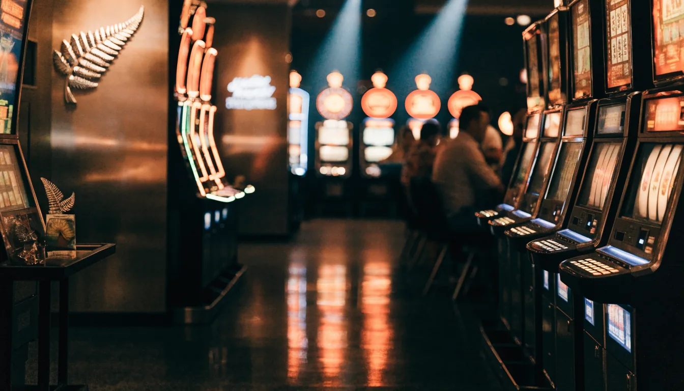 Glowing slot machines on a casino floor with subtle New Zealand decor
