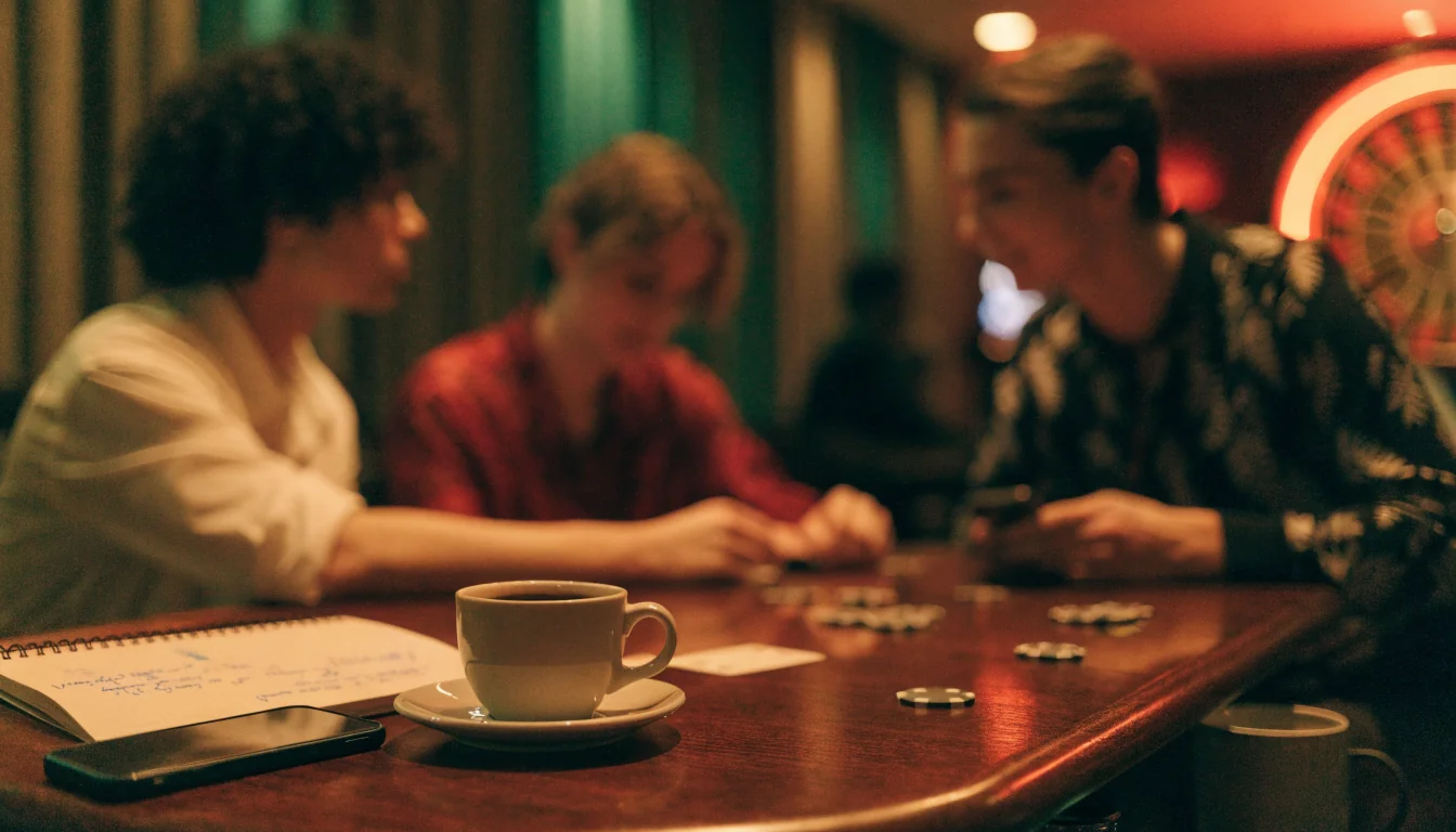 Friends at a casino table with chips and notebook, New Zealand setting