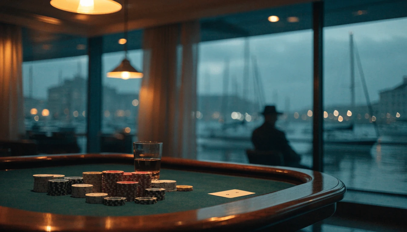 Stylish casino lounge with roulette table, chips, and harbor view at dusk