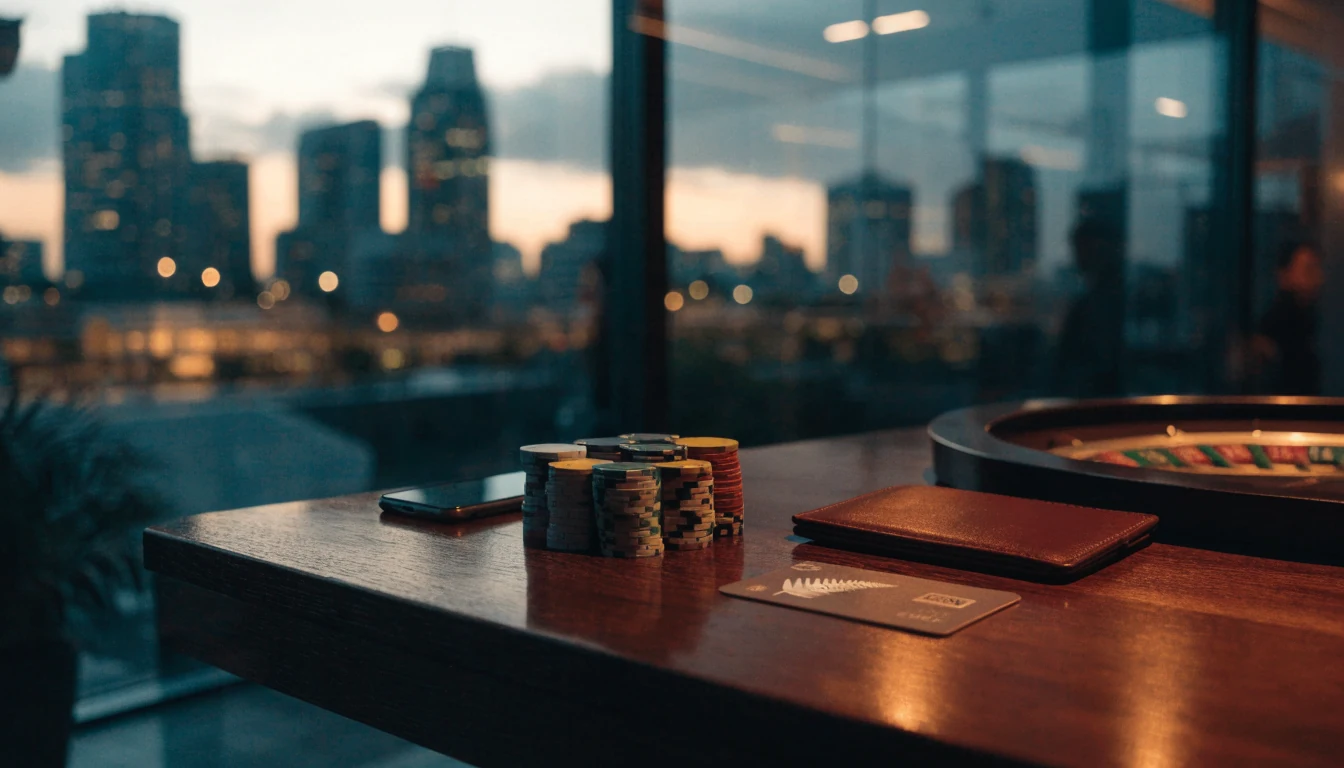 Casino chips, roulette wheel, and hidden smartphone on table with Auckland skyline