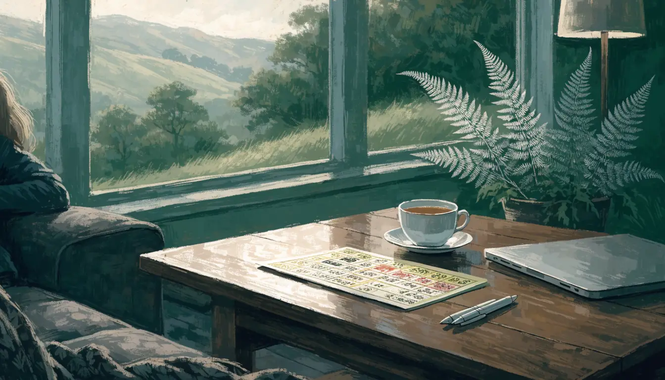 Cozy New Zealand living room with a bingo card on a coffee table and a silver fern plant.