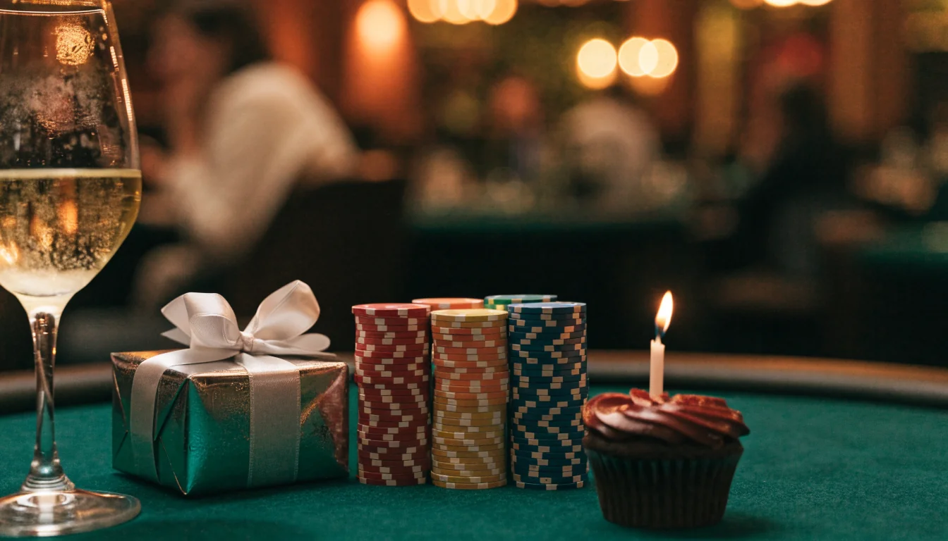 Birthday gift box with candle-lit cupcake and casino chips on a green felt table