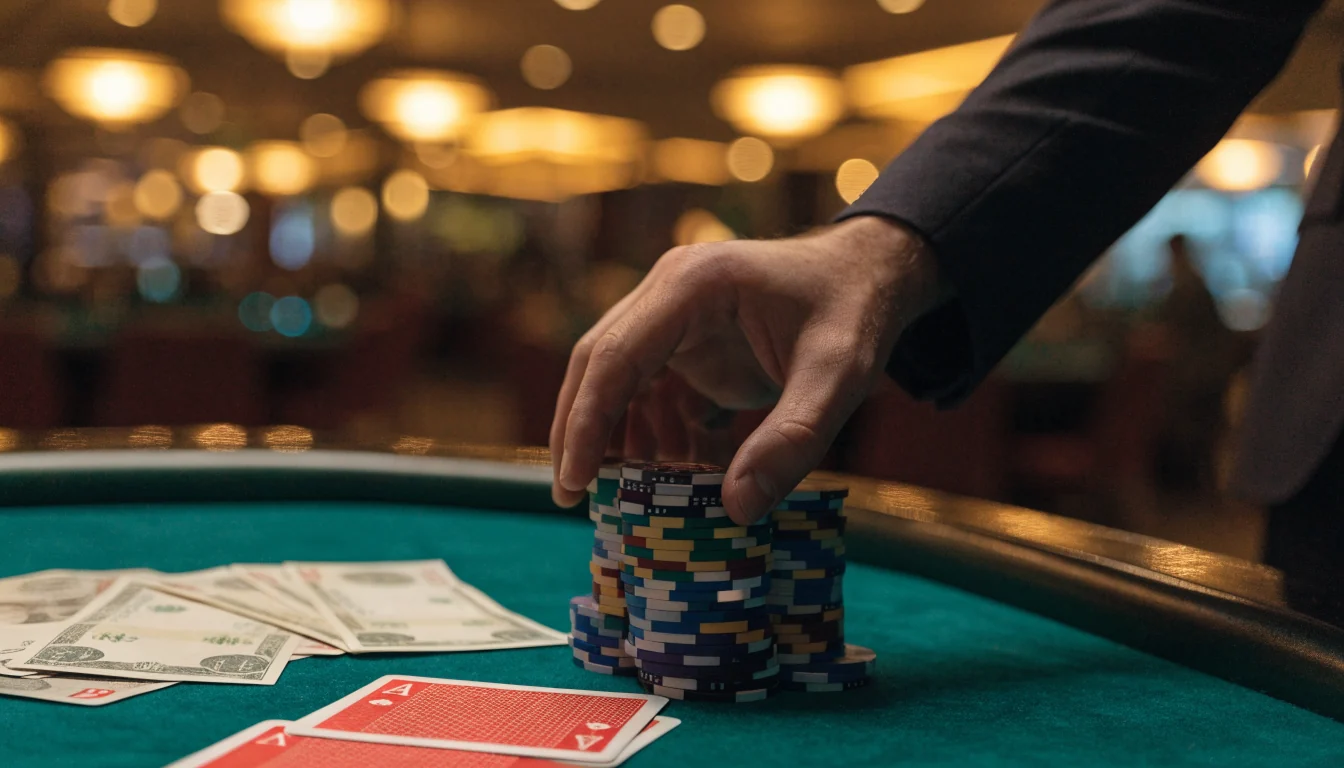 Casino table with stacked chips and New Zealand dollar banknotes being collected