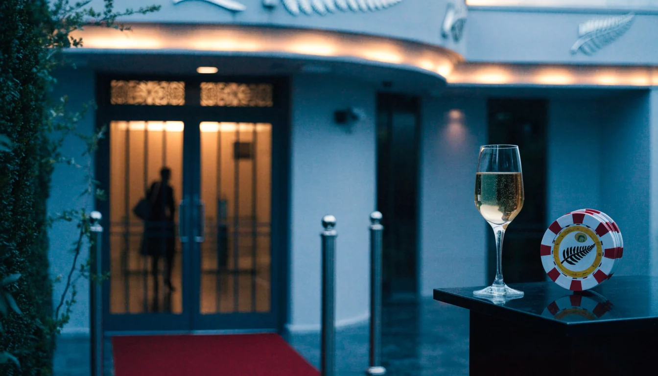 Welcoming casino entrance at night in New Zealand with champagne and chips.