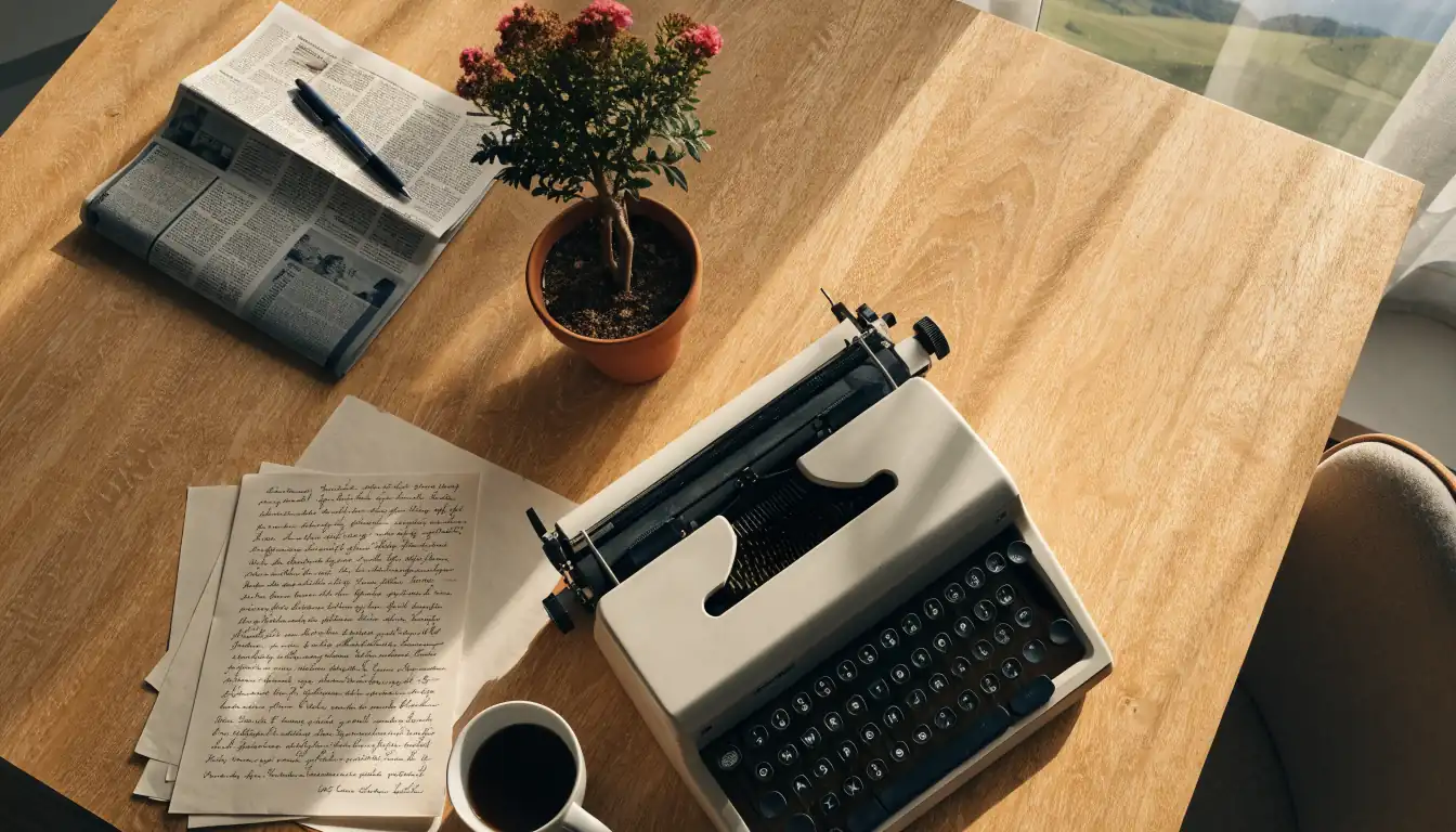 Wooden desk with typewriter, letters, and coffee in a New Zealand home office
