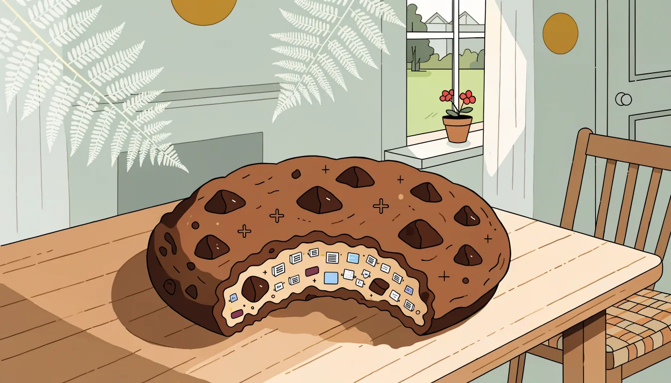 Chocolate chip cookie with digital elements on a wooden table, New Zealand green background.