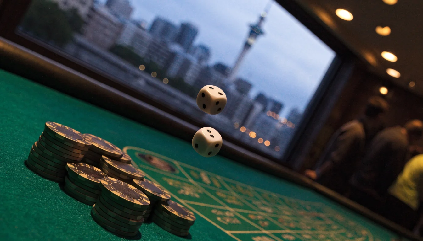 Green craps table with chips and dice, New Zealand skyline at twilight
