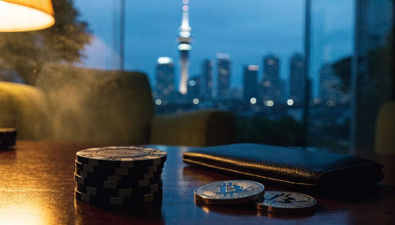 Crypto coins and casino chips on a table with Auckland skyline at dusk