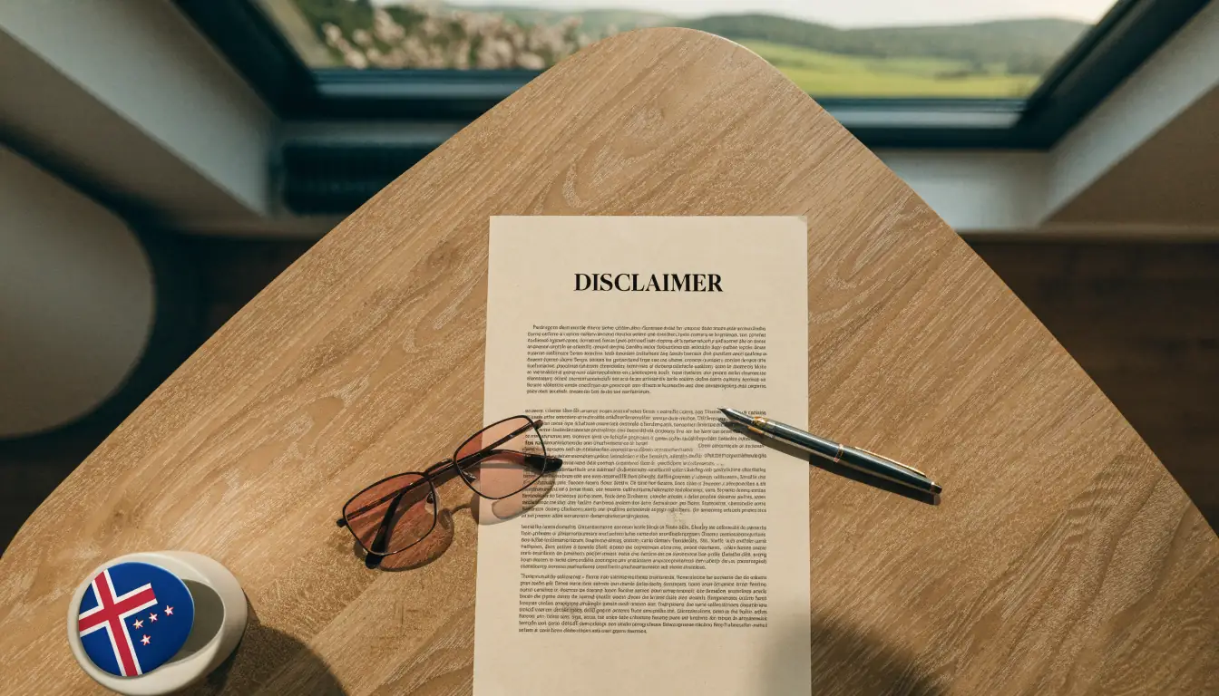 Printed disclaimer document on a desk with glasses and a pen, New Zealand flag nearby