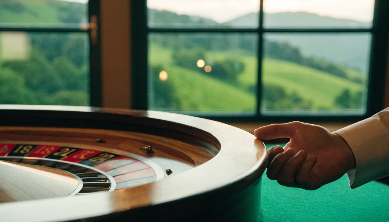 European roulette wheel on a casino table with a New Zealand landscape in the background