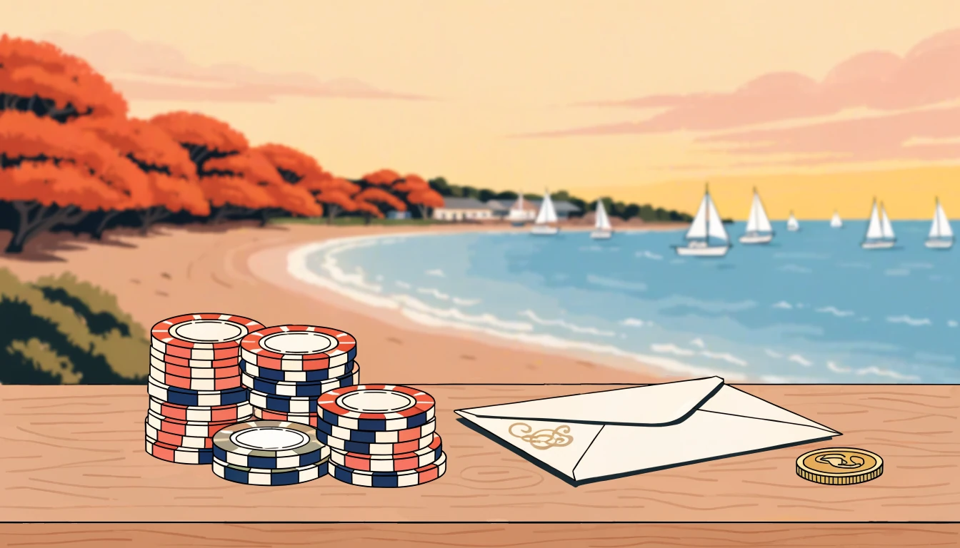 Casino chips and welcome envelope on a table with a New Zealand coastal backdrop at sunset