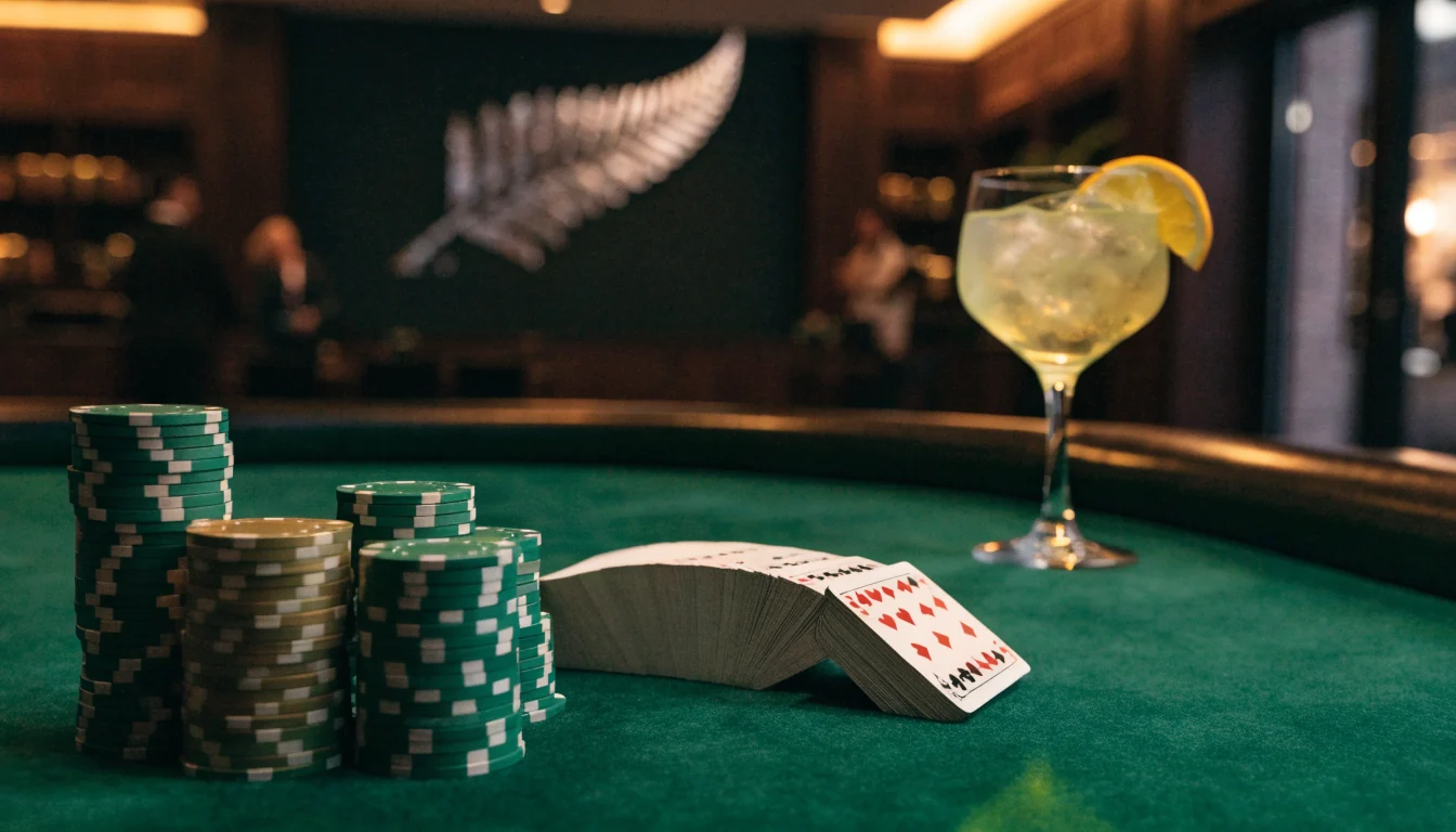 Blackjack table with chips and cards in a New Zealand casino