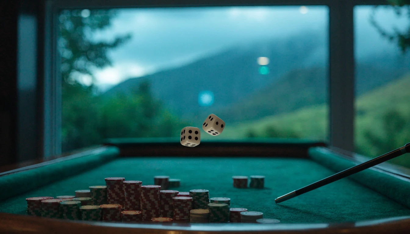 Craps table with dice and casino chips, misty New Zealand hills in background