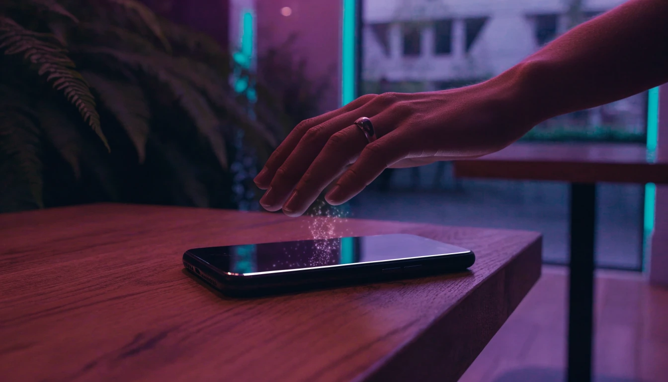 Hand holding a glowing smartphone in an Auckland café, representing online slots in New Zealand