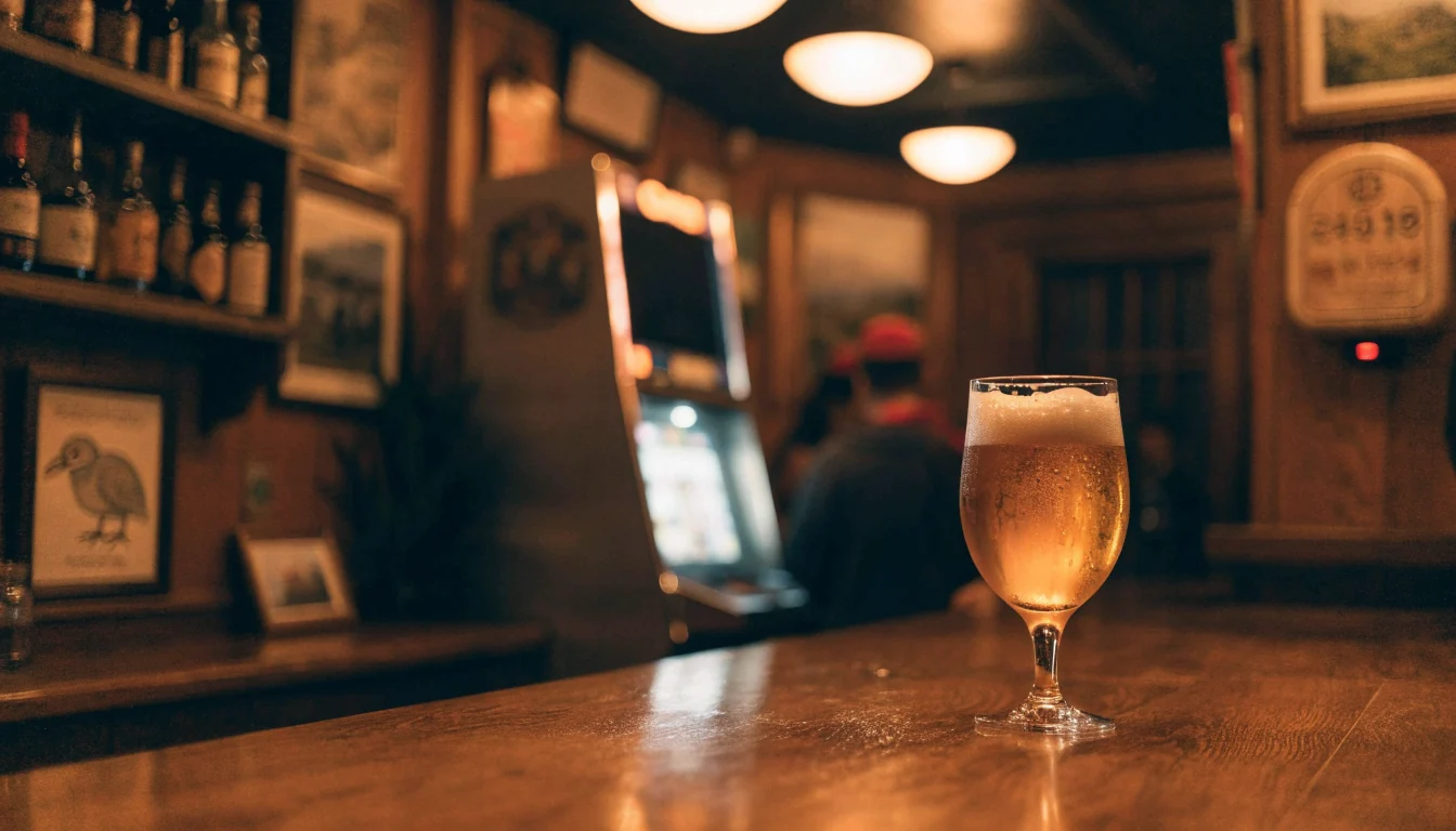 New Zealand pub interior with wooden bar and soft lighting at evening