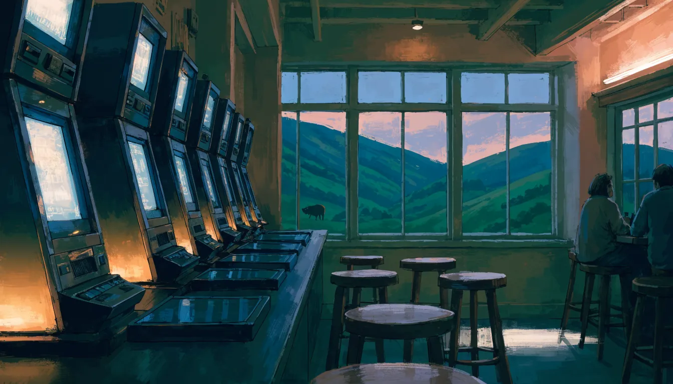 New Zealand pub interior with slot machines and rolling green hills outside