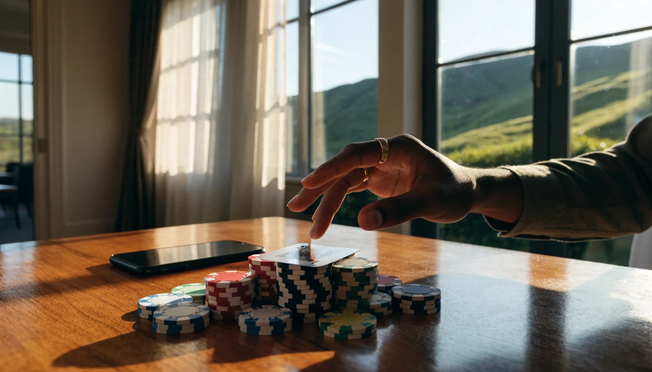 Casino chips and a card on a table with a New Zealand landscape view