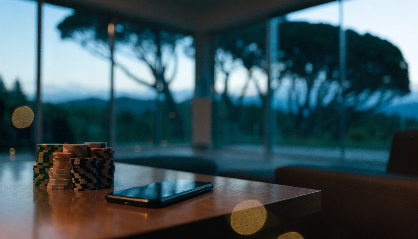 Casino chips on a coffee table with a closed phone, New Zealand forest view through window
