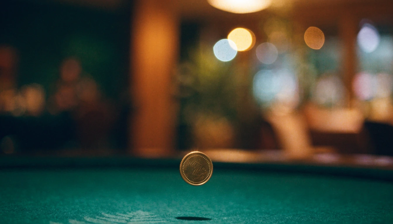 Golden coin landing on green felt casino table with silver fern detail
