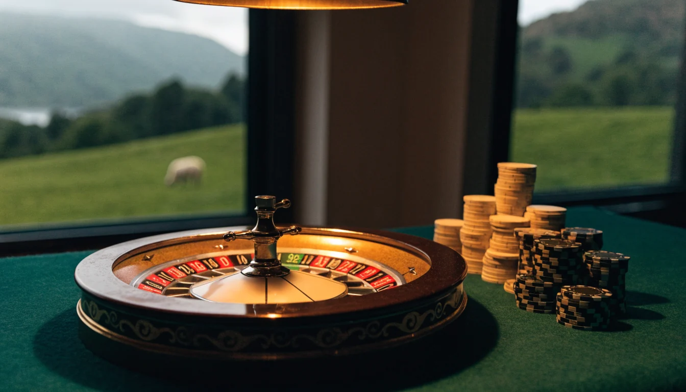 French roulette wheel on green felt with chips, New Zealand hills visible through window