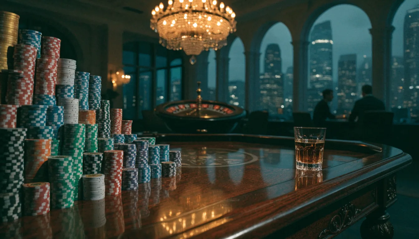 Luxurious high-roller casino lounge with chips and whiskey in New Zealand