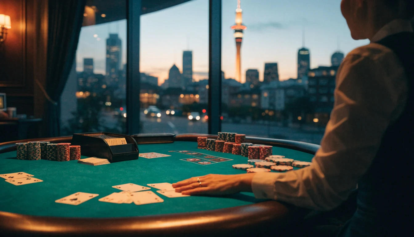 Blackjack table in a New Zealand casino with Auckland skyline at night