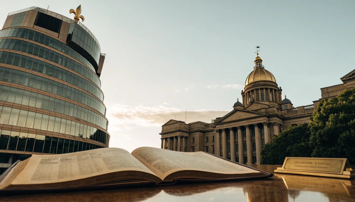New Zealand Parliament buildings in Wellington with an official regulatory document on a desk