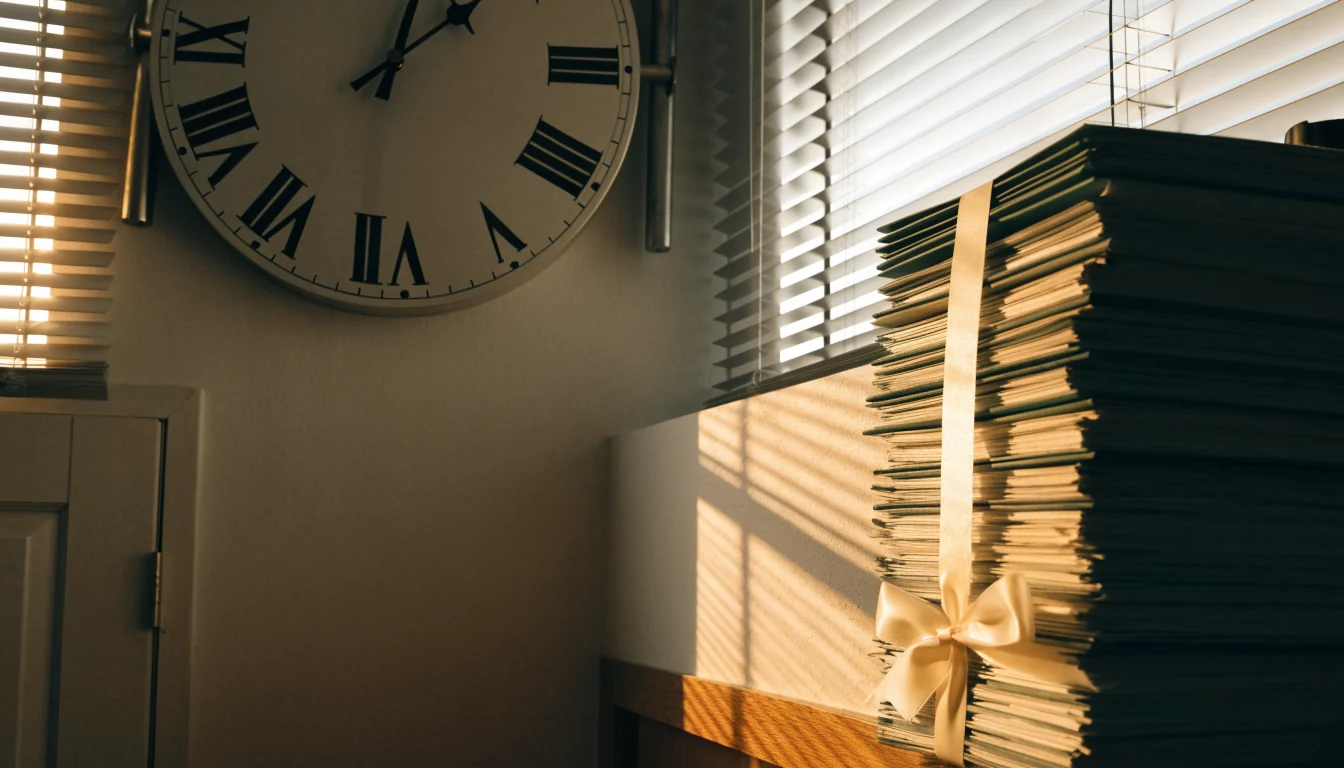 Office wall clock near stacked folders representing a regulatory transition deadline