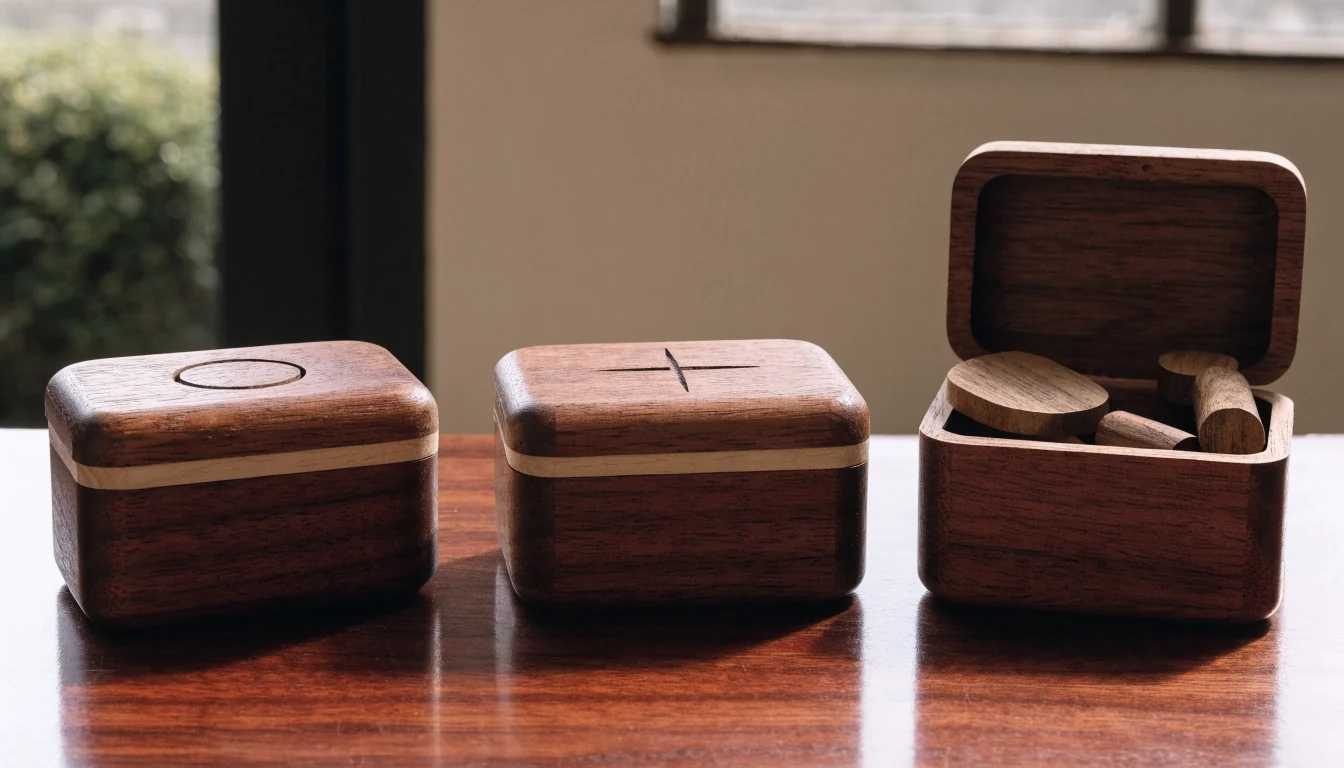 Three labelled wooden boxes with one opened, showing different contents beneath similar labels